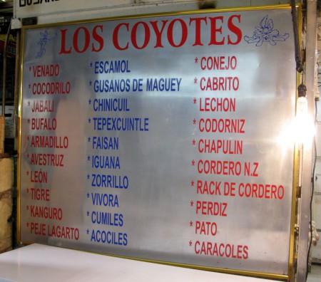 Los Coyotes exotic meat menu