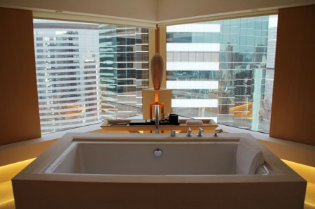 Free-standing bathtub with a view at The Upper House, Hong Kong