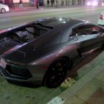 Three-Quarter Rear View of Grammy-winning artist Chris Brown’s new car, the Lamborghini Aventador