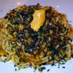 Bestia's Spaghetti Rustichella made with sea urchin, fermented chili, garlic, squid ink bottarga and breadcrumbs