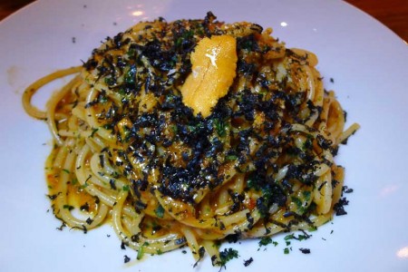 Bestia's Spaghetti Rustichella made with sea urchin, fermented chili, garlic, squid ink bottarga and breadcrumbs