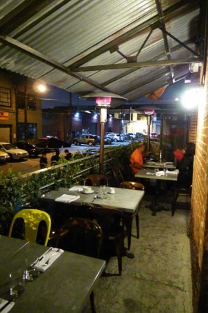 Outdoor patio overlooking 7th Place at Bestia in downtown Los Angeles