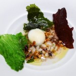 Brassicas with toasted grains and wild seaweed comprises this dish at Saison in San Francisco, CA.