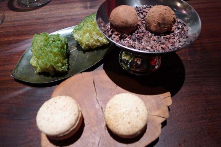 Macaroons with chocolate truffle and green tea sponge cake at Saison in San Francisco, CA