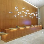 The Hotel Irvine lobby boasts a sleek modern décor