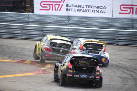 SuperCar drivers Tanner Foust and Sebastian Eriksson collide on the track